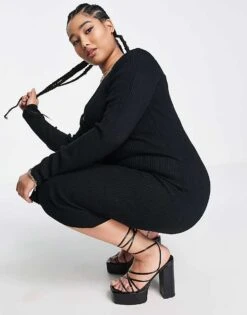 Brave Soul Plus Stories Button Thru Knitted Dress For Women Black -Deals Modezzle Store 200450391 4