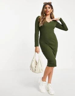 Brave Soul Notch Neck Long Sleeve Dress In Khaki For Women