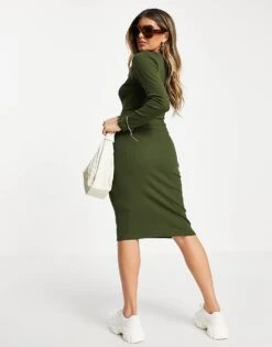 Brave Soul Notch Neck Long Sleeve Dress In Khaki For Women -Deals Modezzle Store 200868474 2