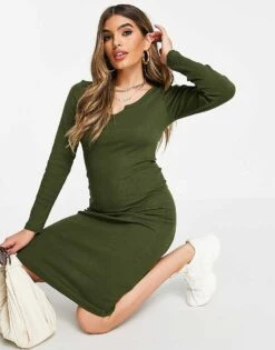 Brave Soul Notch Neck Long Sleeve Dress In Khaki For Women -Deals Modezzle Store 200868474 4