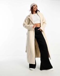 Brave Soul Textured Belted Coat In Cream For Women