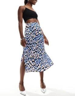 Brave Soul Satin Midi Skirt In Blue Animal Print For Women -Deals Modezzle Store 206136896 1 blueanimalprint 1