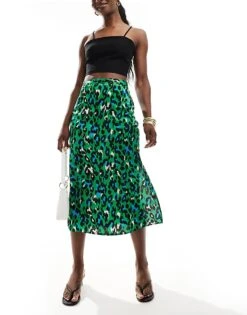 Brave Soul Satin Midi Skirt In Green Animal Print For Women