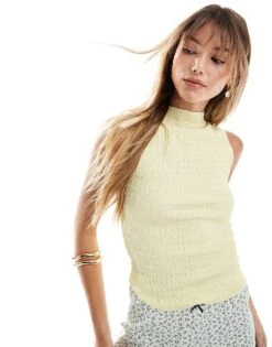 Brave Soul Textured High Neck Top In Butter Yellow For Women Light Yellow