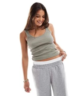 Brave Soul Ribbed Tank Top In Green For Women