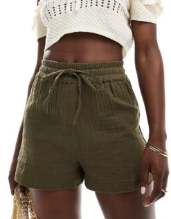Brave Soul Pull On Cheesecloth Textured Shorts In Khaki For Women -Deals Modezzle Store 206137126 2