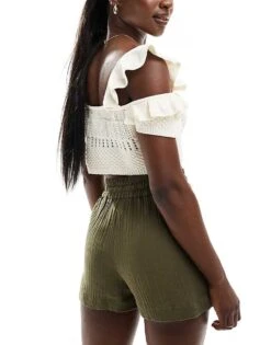 Brave Soul Pull On Cheesecloth Textured Shorts In Khaki For Women -Deals Modezzle Store 206137126 4