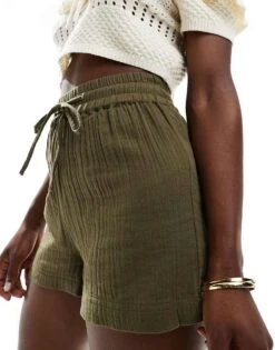 Brave Soul Pull On Cheesecloth Textured Shorts In Khaki For Women -Deals Modezzle Store 206137126 5