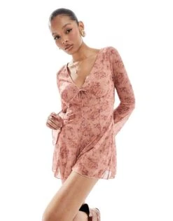 Brave Soul Long Sleeve Floral Playsuit In Dusty Pink For Women