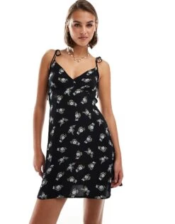 Brave Soul Floral Print Flare Mini Dress With Tie Straps In Black For Women Black/green/blue