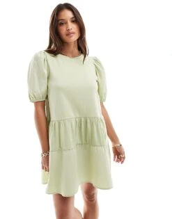 Brave Soul Puff Sleeve Tier Dress In Sage Green For Women
