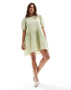 Brave Soul Puff Sleeve Tier Dress In Sage Green For Women -Deals Modezzle Store 206137288 2