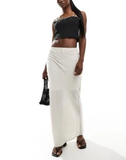 Brave Soul Linen Look Maxi Skirt In Stone For Women