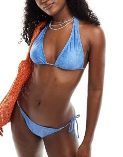 Brave Soul Halter Bikini Top In Denim Blue For Women