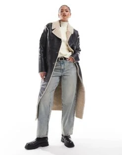 Brave Soul Tall Faux Shearling Longline Mac In Black For Women -Deals Modezzle Store 206270272 1 black 1