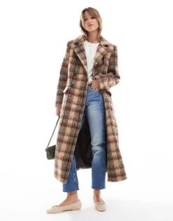 Brave Soul Wool Look Check Overcoat In Brown & Rust For Women