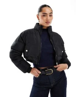 Brave Soul Cropped Puffer Jacket In Black For Women