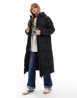 Brave Soul Hooded Maxi Padded Jacket With Detachable Sleeves In Black For Women