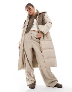 Brave Soul Maxi Padded Jacket With Borg Contrast Detail In Brown For Women