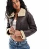 Brave Soul Cropped Bonded Aviator Jacket In Dark Brown For Women -Deals Modezzle Store 206270436 1 brown