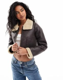 Brave Soul Cropped Bonded Aviator Jacket In Dark Brown For Women