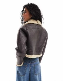 Brave Soul Cropped Bonded Aviator Jacket In Dark Brown For Women -Deals Modezzle Store 206270436 4