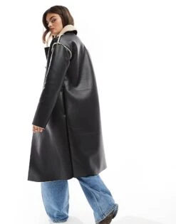 Brave Soul Faux Shearling Long Coat In Black For Women -Deals Modezzle Store 206270453 4