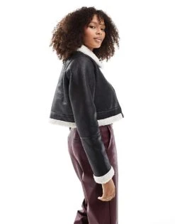 Brave Soul Cropped Bonded Aviator Jacket In Black For Women -Deals Modezzle Store 206270510 4