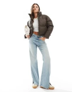 Brave Soul Washed Brown PU Puffer Jacket For Women