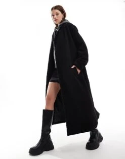 Brave Soul Textured Belted Overcoat In Black For Women