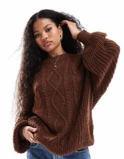 Brave Soul Petite Oversized Cable Knit Jumper In Brown For Women