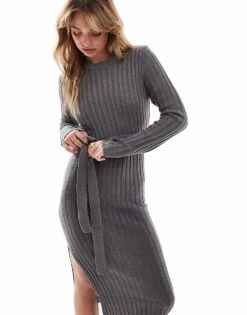 Brave Soul Belted Knitted Midi Dress With Slit In Charcoal Grey For Women -Deals Modezzle Store 206464957 1 charcoal 1