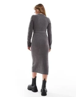 Brave Soul Belted Knitted Midi Dress With Slit In Charcoal Grey For Women -Deals Modezzle Store 206464957 3