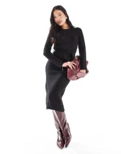 Brave Soul Petite Knitted Midi Dress With Slit In Black For Women