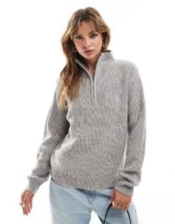 Brave Soul Quarter Zip Jumper In Grey For Women