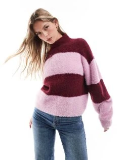 Brave Soul High Neck Jumper In Burgundy And Lilac Stripe For Women -Deals Modezzle Store 206465001 1 burgundy 1