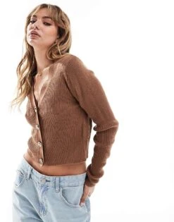 Brave Soul Ribbed Cardigan With Gold Buttons In Brown For Women