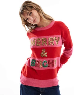 Brave Soul Oversized Christmas Jumper With Sequins In Pink And Red Stripe For Women -Deals Modezzle Store 206465026 1 red 1