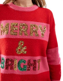 Brave Soul Oversized Christmas Jumper With Sequins In Pink And Red Stripe For Women -Deals Modezzle Store 206465026 3