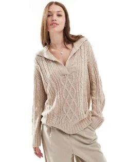Brave Soul Polo Collar Cable Knit Jumper In Beige For Women -Deals Modezzle Store 206465044 1 beige 1