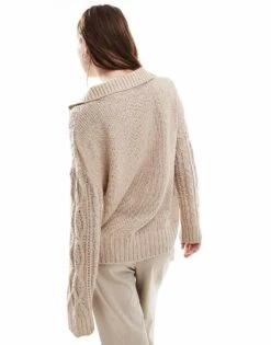 Brave Soul Polo Collar Cable Knit Jumper In Beige For Women -Deals Modezzle Store 206465044 4
