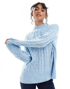 Brave Soul Roll Neck Cable Knit Jumper In Pale Blue For Women Light Blue