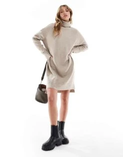 Brave Soul Knitted Roll Neck Mini Jumper Dress In Beige For Women