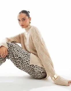 Brave Soul Roll Neck Diamond Knit Jumper In Stone For Women