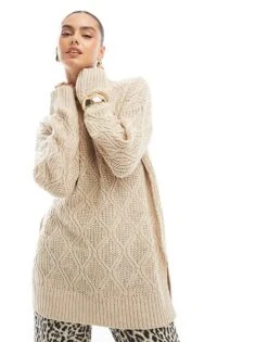 Brave Soul Roll Neck Diamond Knit Jumper In Stone For Women -Deals Modezzle Store 206465067 3