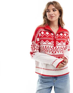 Brave Soul Half Zip Fairisle Jumper In Red For Women -Deals Modezzle Store 206465102 1 red 1