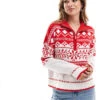 Brave Soul Half Zip Fairisle Jumper In Red For Women -Deals Modezzle Store 206465102 1 red