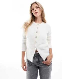 Brave Soul Cardigan With Jewel Detail Buttons In Ivory For Women Cream