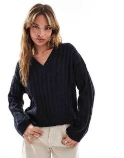 Brave Soul Ribbed V-neck Jumper In Navy For Women
