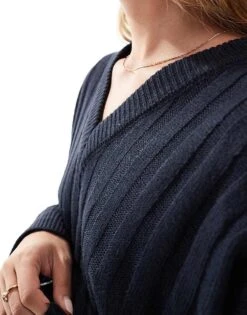 Brave Soul Ribbed V-neck Jumper In Navy For Women -Deals Modezzle Store 206465156 4